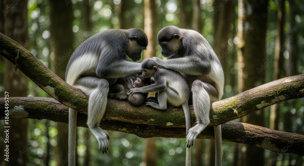 Fototapeta premium Indri lemur standing upright in a rainforest tree, with striking black and white fur and long limbs. The largest living lemur, known for its loud calls and arboreal life.