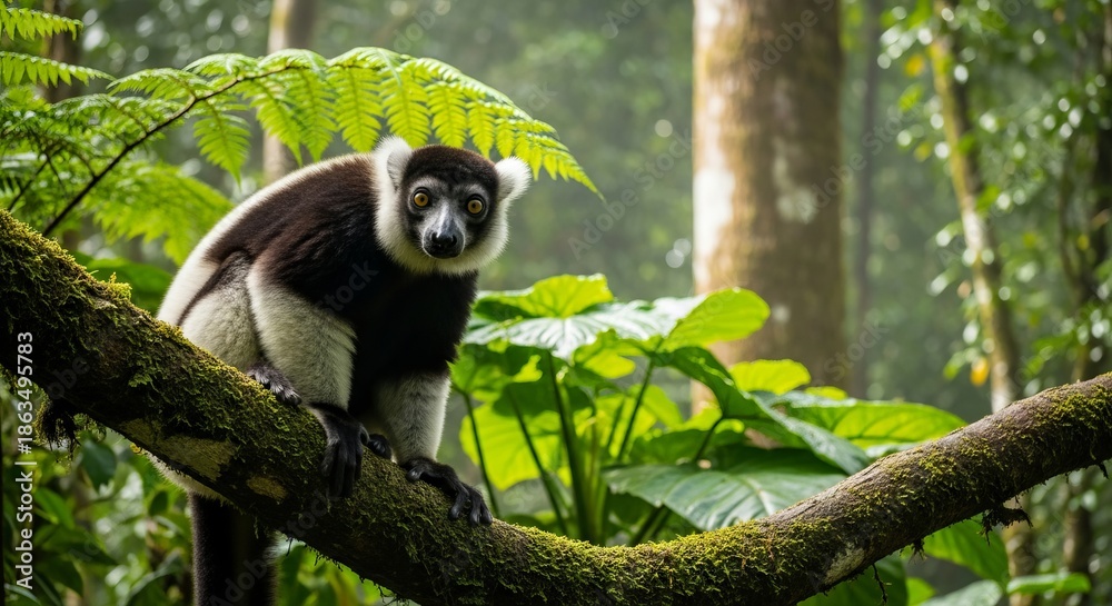 Fototapeta premium Indri lemur standing upright in a rainforest tree, with striking black and white fur and long limbs. The largest living lemur, known for its loud calls and arboreal life.