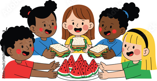 Happy children sharing sandwiches and watermelon at lunch table, enjoying healthy food, friendship, summer picnic, social bonding, outdoor meal fun