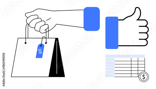 Shopping concept. Hand holding a bag with a discount tag, thumbs-up icon, and pricing table confident purchases. Shopping inspires safer spending and deals. For e-commerce, retail, marketing