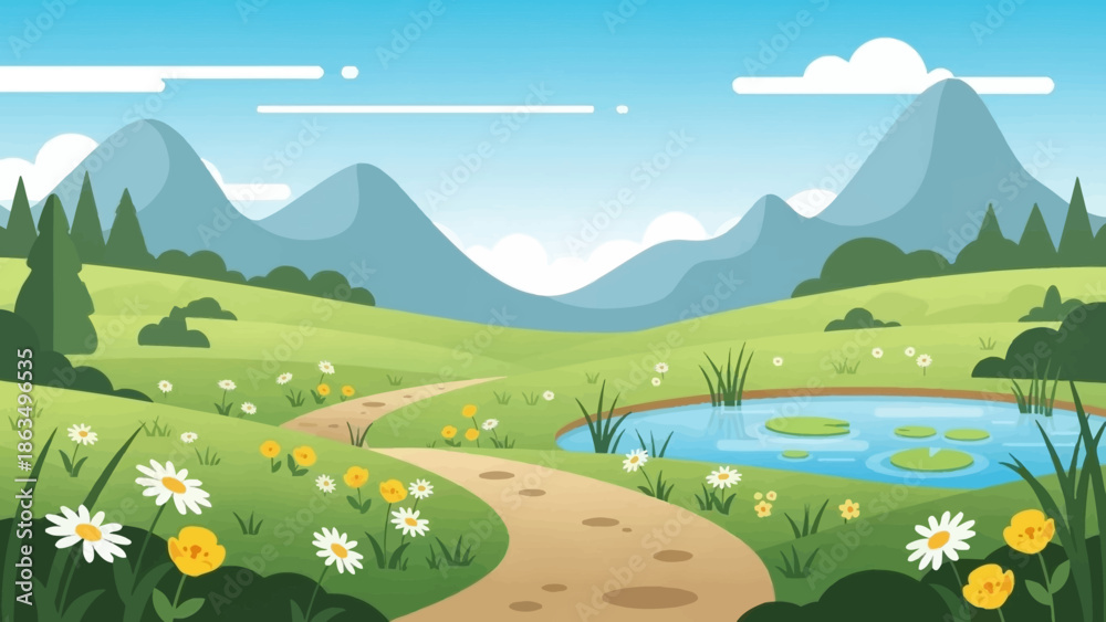 Obraz premium Bright valley landscape with winding dirt path, meadows, and distant blue mountains.
