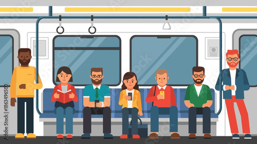 Diverse group of passengers seated inside a city bus during daytime.