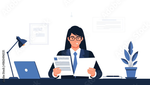 Illustration of a focused woman at a desk with laptop and papers in a modern office setting.