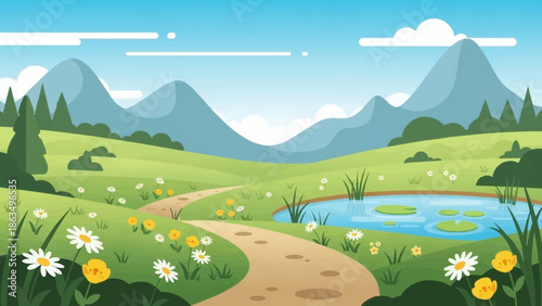 Bright valley landscape with winding dirt path, meadows, and distant blue mountains.