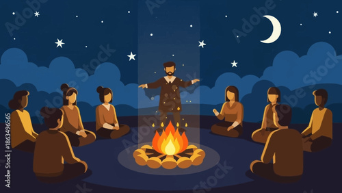 Group of people gathered around a campfire at night under a starry sky in a serene outdoor setting.