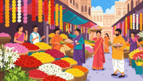 Vibrant city market scene with colorful flower stalls and bustling shoppers.