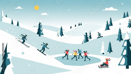 People skiing and snowboarding on snowy hills with trees and sunny sky