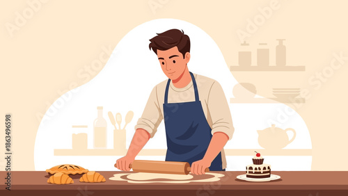 Young baker in apron decorating pastries in cozy kitchen studio.