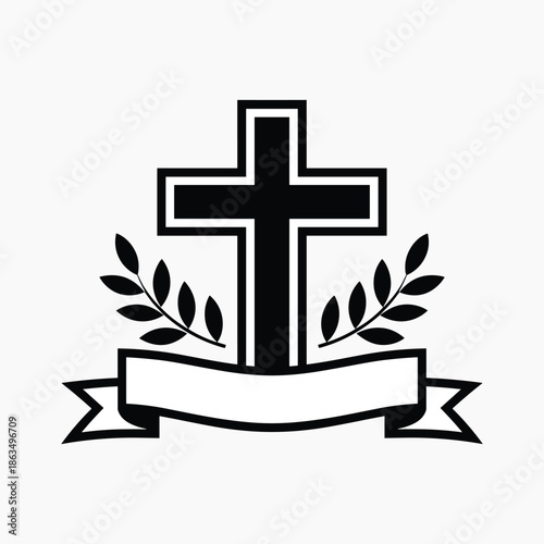 Black cross with olive branches and banner christianity religion symbol faith vector illustration isolated on white background.