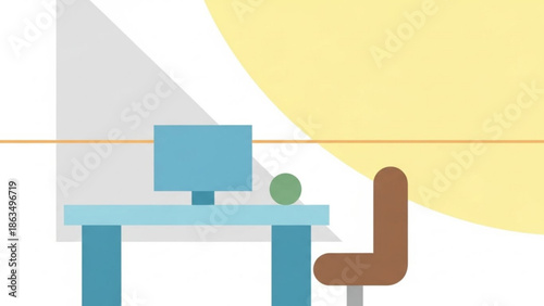 A minimalist office workspace with a computer on a desk and a chair, modern and simple design