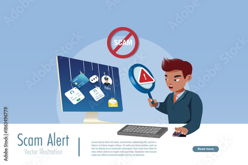 Businessman holding magnifying glass detected online phishing scam hooked on computer screen. Scam alert on cyber crime on SMS fraud link, credit card, password hacking and fake message. Vector.