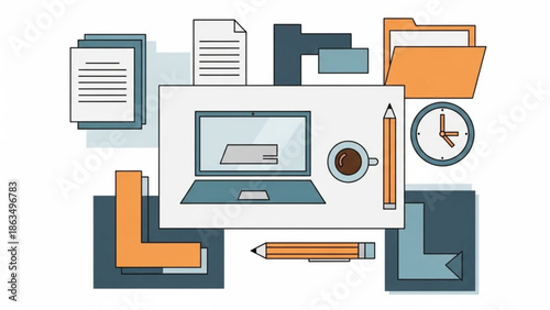 A cluttered desk with a laptop, coffee cup, pencil, clock, and paperwork in a busy workspace