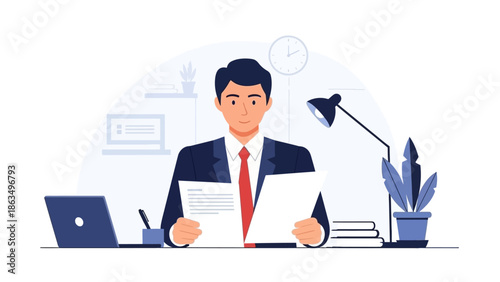 Professional businessman at a desk reviewing documents in a modern office setting.