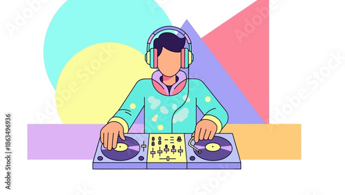 Vibrant DJ Performing Live Set with Turntables and Headphones in Colorful Studio.