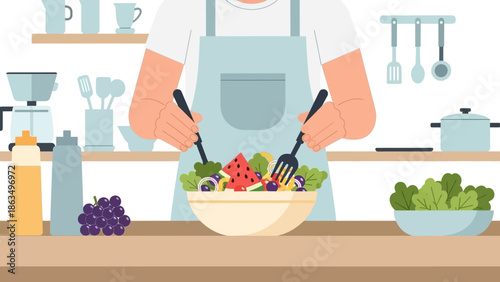 Person in apron preparing fresh salad with colorful vegetables on kitchen counter.