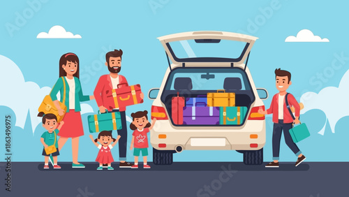 Family on a road trip preparing luggage near the car trunk before a sunny outdoor journey.