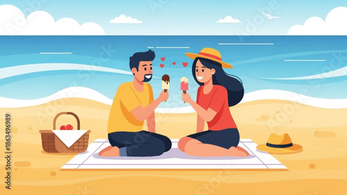 Two friends enjoy a sunny beach picnic on a colorful blanket by the sea.