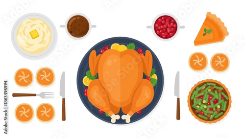 Traditional roasted turkey centerpiece surrounded by side dishes and festive garnishes for a family feast.
