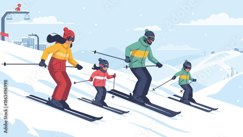 Family and friends enjoying group skiing on snowy mountain slope during a bright winter day on a sunny alpine landscape.