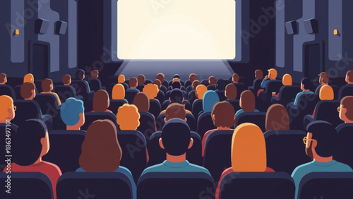 Diverse audience seated in a dark cinema watching a bright screen during a presentation.