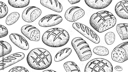 Artisan Sourdough Bread Illustration Pattern Background Vector: Hand Drawn Drawing Style Vintage Rustic Round Boules, Baguettes and Loaves for Bakery Packaging Design
