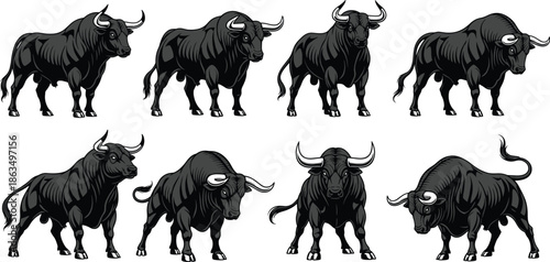 Powerful black bull vector illustrations showcasing strength, aggression, and dynamic poses for branding, finance, sports, and artistic design themes.