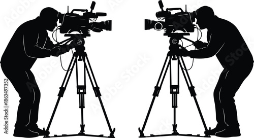 Professional silhouette illustration of two camera operators filming with tripods, video production teamwork concept for broadcasting, filmmaking, and creative industry