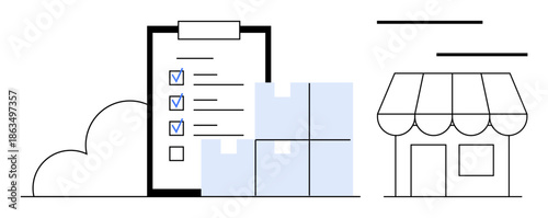 Clipboard with checklist, stacked product boxes, and storefront illustration. Ideal for logistics, inventory, delivery, retail, e-commerce supply chain planning concepts. Simple flat metaphor