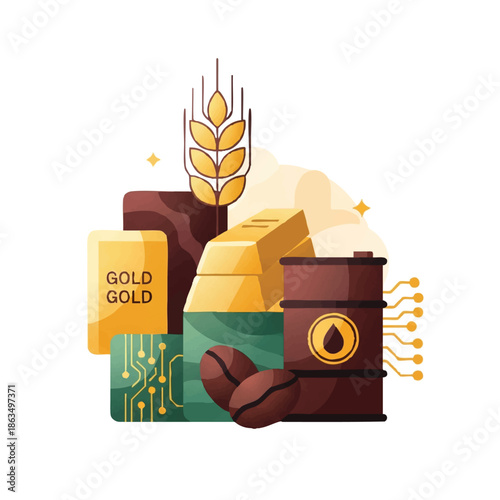 Cartoon illustration of a dragon hoarding gold, coffee beans, wheat, and other valuable commodities in a cute, stylized composition.