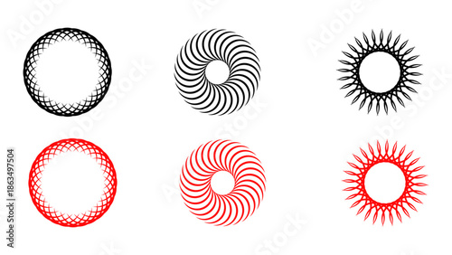 Set of 6 Black and Red Geometric Circular Shapes Vector