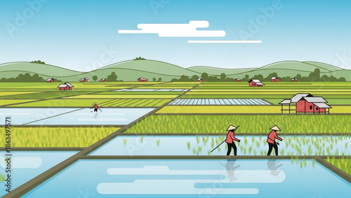 Rice farmers working in flooded paddy field on sunny day with green hills and blue sky background, agricultural landscape with workers wearing with rice field