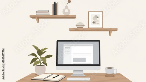 A computer monitor on a wooden desk with a notebook, plant, and coffee cup, with two wooden shelves on the wall behind, holding books, vase, with home with soft