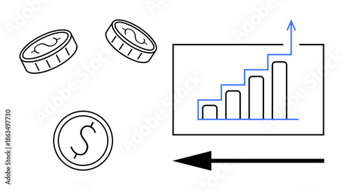 Financial growth. Coins and upward-trending bar chart highlight financial growth and progress. Financial growth investment success, planning, and analysis. For business, startups, finance
