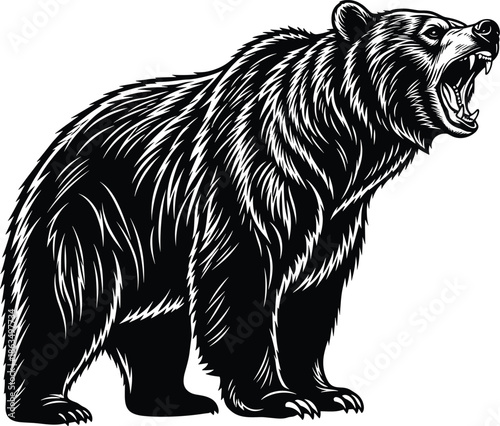 Roaring grizzly bear side profile vector in black and white for wildlife, tattoo, forest animal, and aggressive design themes.