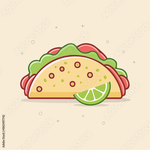 Pixel Art Taco With Lime Slice And Lettuce Tomato Filling On A Light Peach Background With Small Circles And Sparkles
