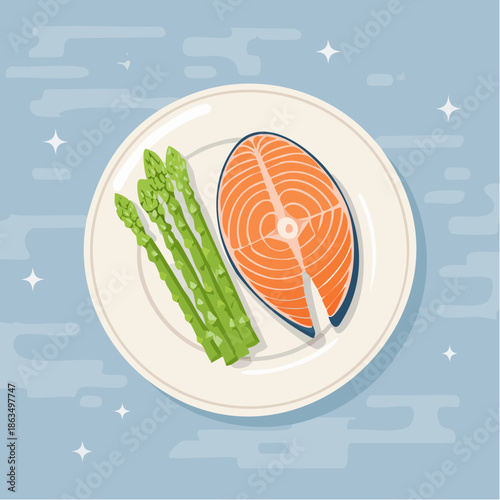 Top View Of Salmon Steak And Asparagus On A White Plate With Light Blue Starry Background