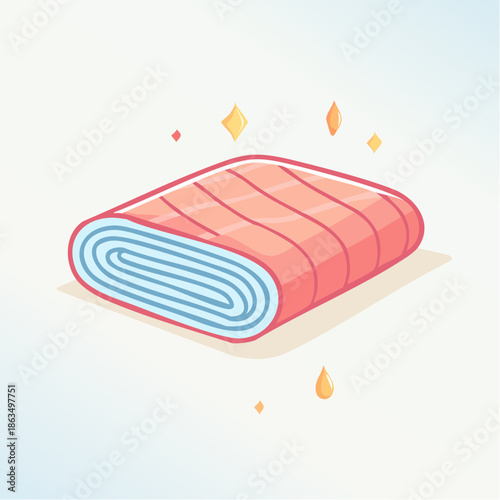Clean Folded Coral Colored Towel With Sparkling Highlights On A Light Blue Gradient Background
