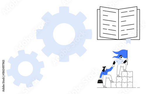Education, business strategies, teamwork, goal achievement, personal growth, productivity. Open book, gears and a figure helping another on a block staircase. Education and teamwork concepts