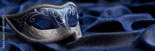 Ornate blue and silver masquerade mask on dark blue fabric
