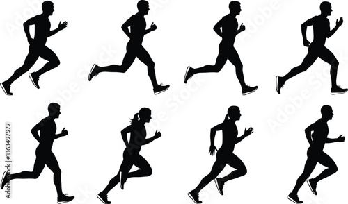 Running silhouette sequence of athletic figures in motion showing dynamic stride phases for sports training, animation, and fitness design use.