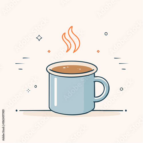 Pixel Art Illustration of a Steaming Blue Mug Filled with Coffee Against a Light Peach Background with Subtle Sparkle Accents and Thin Horizontal Lines