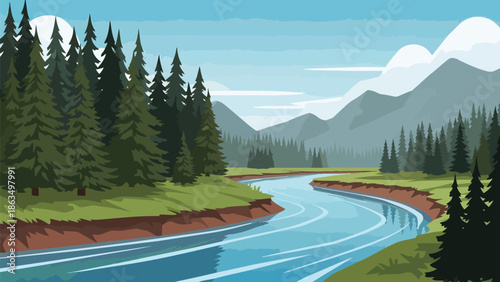 Vibrant vector landscape: winding river through evergreen forest and distant mountains