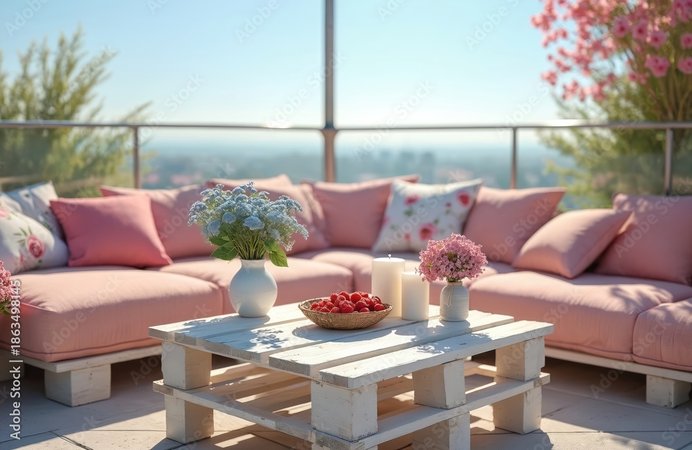 Fototapeta premium Cozy outdoor lounge with pink pallet sofa and floral pillows. White wooden pallet table holds berries, candles, and flowers. Balcony views cityscape during bright sunny day.