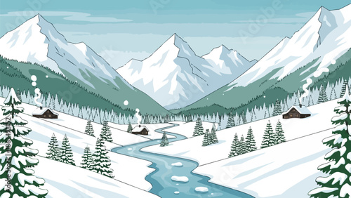 Serene winter mountain valley with cozy cabins nestled among snow-draped pines and a meandering icy river