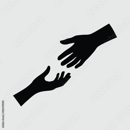 Black silhouette of two hands reaching for each other silhouettes gray background.