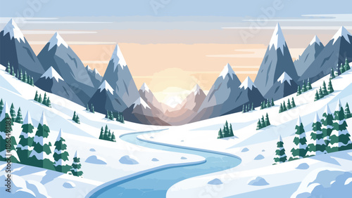 A serene flat design illustration capturing a breathtaking winter mountain valley at dawn with a winding river surrounded by snow-covered peaks and