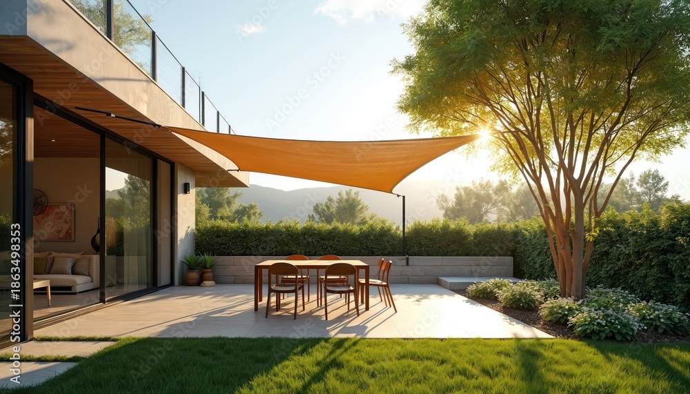 Fototapeta premium Modern house patio with outdoor dining set. Shade sail offers sun protection. Green lawn and landscaped garden with trees. Clean architecture, minimalist design, relaxing outdoor space.