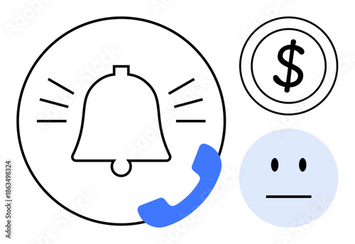 Financial alerts, notifications, emotions, communication, call services, mobile updates. A bell, dollar sign phone icon and neutral face on a white background. Financial alerts and notifications
