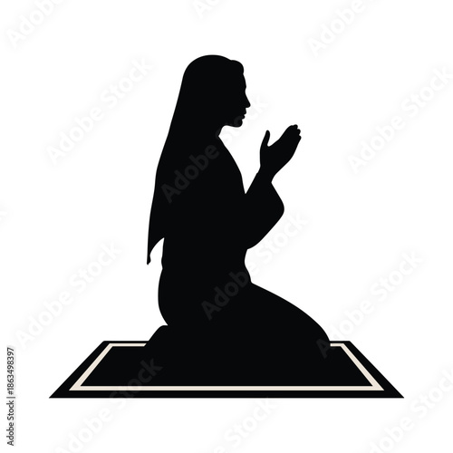 Black silhouette of woman in prayer position on mat praying vector illustration isolated on white background.