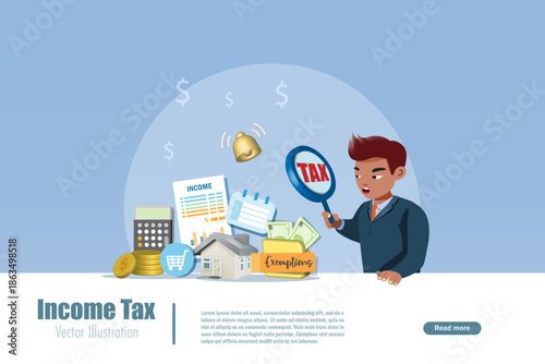 Businessman holding magnifying glass check up annual income revenue, tax filing and tax exemption elements for calculating. Vector.
